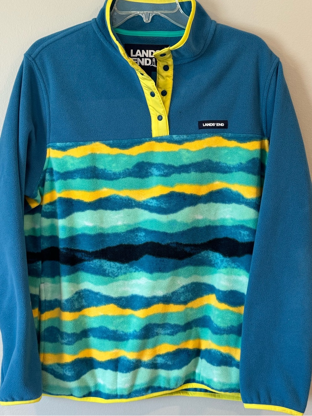 Lands' End 1/4 Zip Striped Mock Neck Pullover Fleece Women's L 14/16 Teal